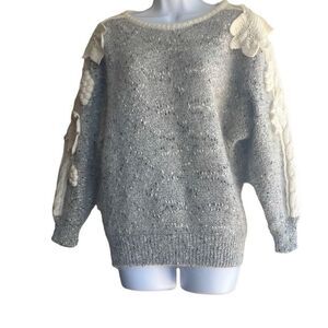 Mariea Kim Vintage Grey Cream Floral 3D Appliqué Wool Blend Sweater Small